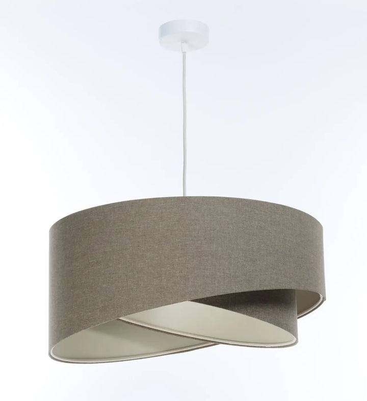 Suspension luminaire moderne en tissu gris marron avec design circulaire superposé et fixation plafond blanc