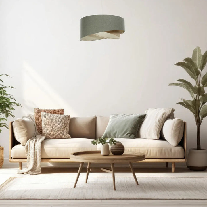 Suspension luminaire moderne avec abat-jour en tissu gris vert et découpes géométriques subtiles élégant boho