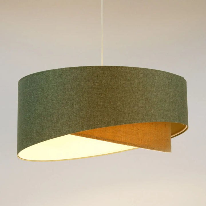 Suspension luminaire galaxy boho elegant gris vert en tissu gris vert avec intérieur doré et texture extérieure en tissu