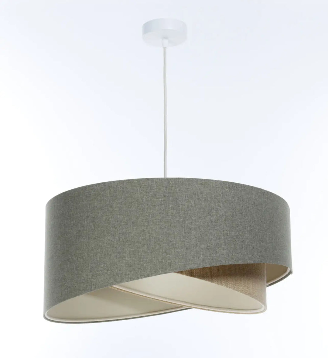 Suspension luminaire galaxy boho elegant en tissu gris vert avec intérieur beige et texture tissée subtile