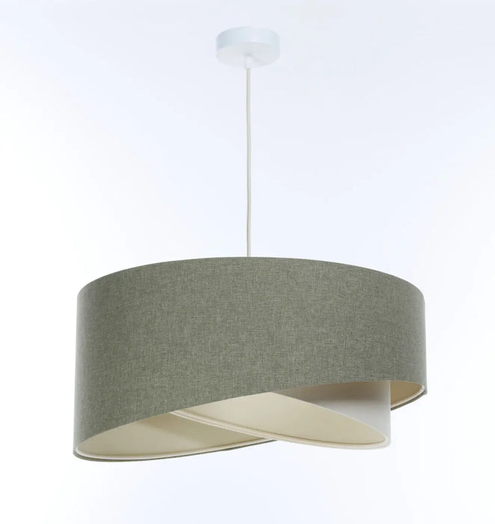 Suspension luminaire galaxy boho elegant avec abat-jour en tissu gris vert texturé et intérieur crème suspendue par cordon blanc