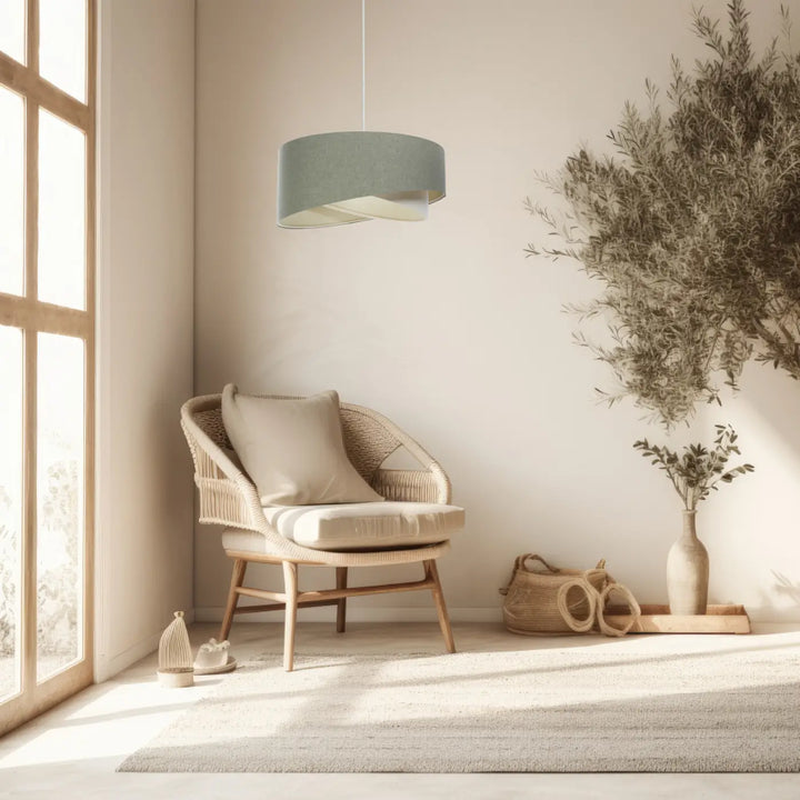 Suspension luminaire cylindrique en tissu gris vert avec finition texturée suspendue au plafond galaxie boho élégant