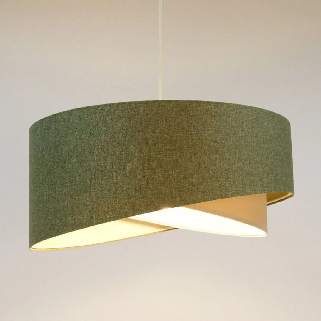 Suspension luminaire galaxy boho élégant en tissu gris vert avec intérieur crème et forme cylindrique élégante