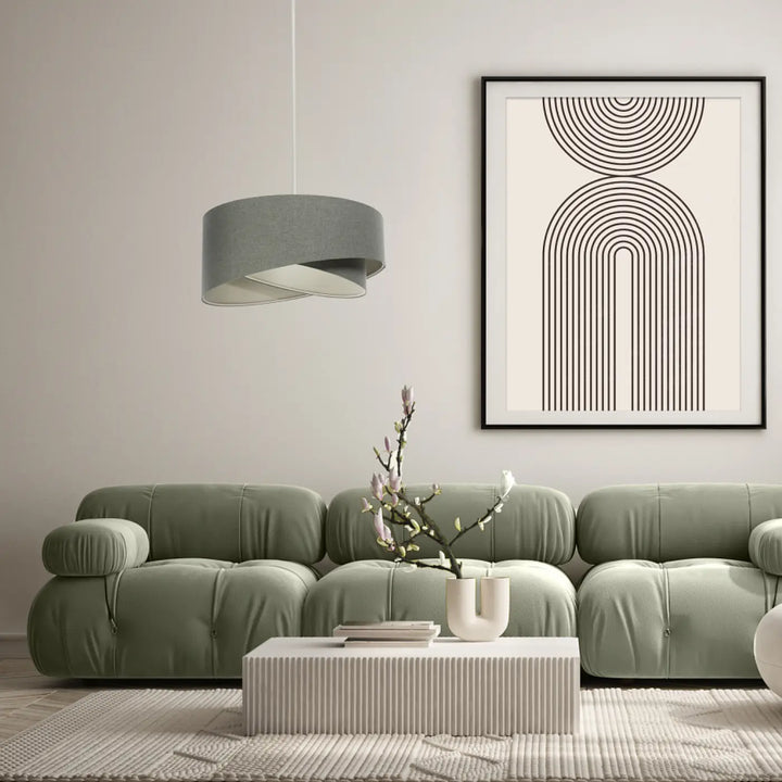Suspension luminaire galaxy boho elegant avec tissu gris vert et canapé modulaire tufté gris vert en tissu doux