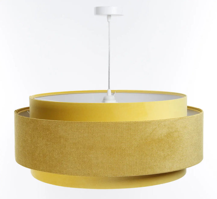 Suspension luminaire doblo classic en tissu jaune à texture tissée avec une fixation centrale blanc aux finitions élégantes