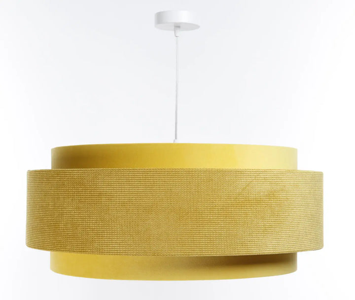 Suspension luminaire doblo classic en tissu jaune avec texture tissée et blanc aux finitions au plafond