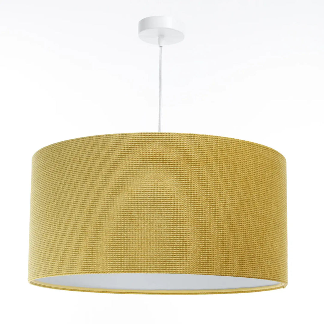 Suspension luminaire en tissu jaune avec abat-jour en papier tissé et fixation plafond blanche pour décoration intérieure prend