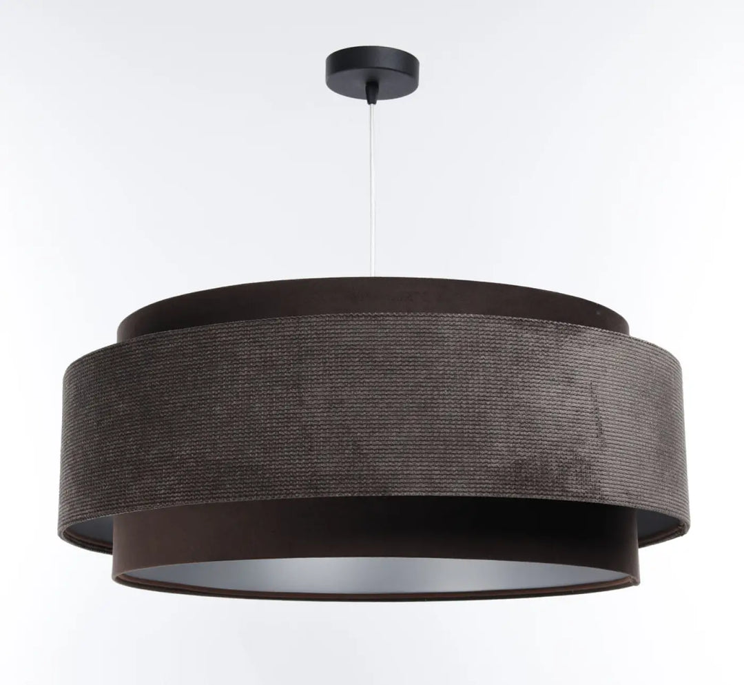 Suspension luminaire doblo classic marron avec tissu marron tissé et argent aux finitions lisses intérieures