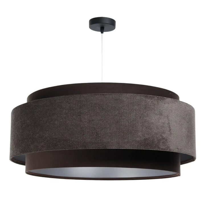 Suspension luminaire doblo classic en tissu marron et argent aux finitions avec fixation plafond noire élégante