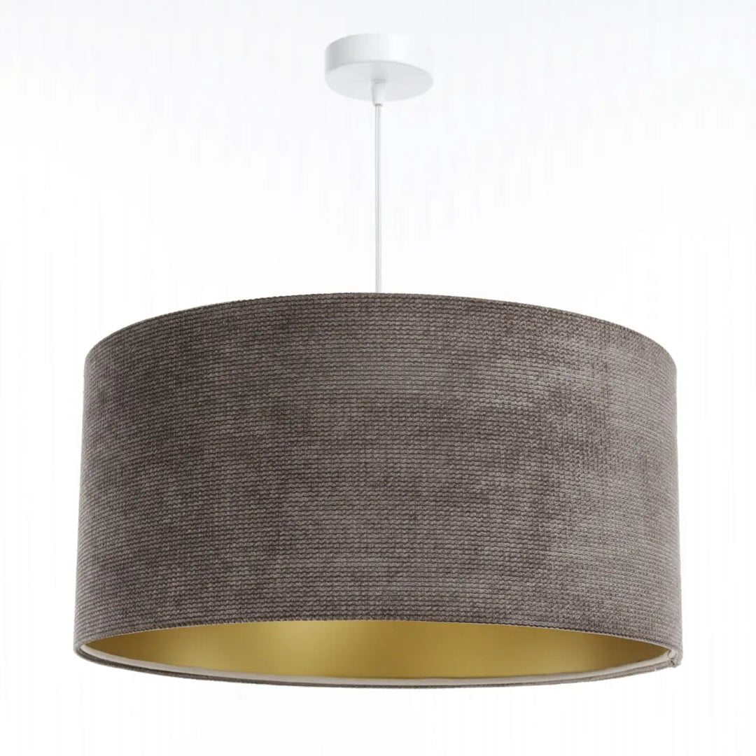 Suspension luminaire gris en tissu marron avec intérieur doré et fixation blanche pour un style moderne chic