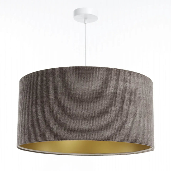 Suspension luminaire gris en tissu marron avec intérieur doré et fixation blanche pour un style moderne chic