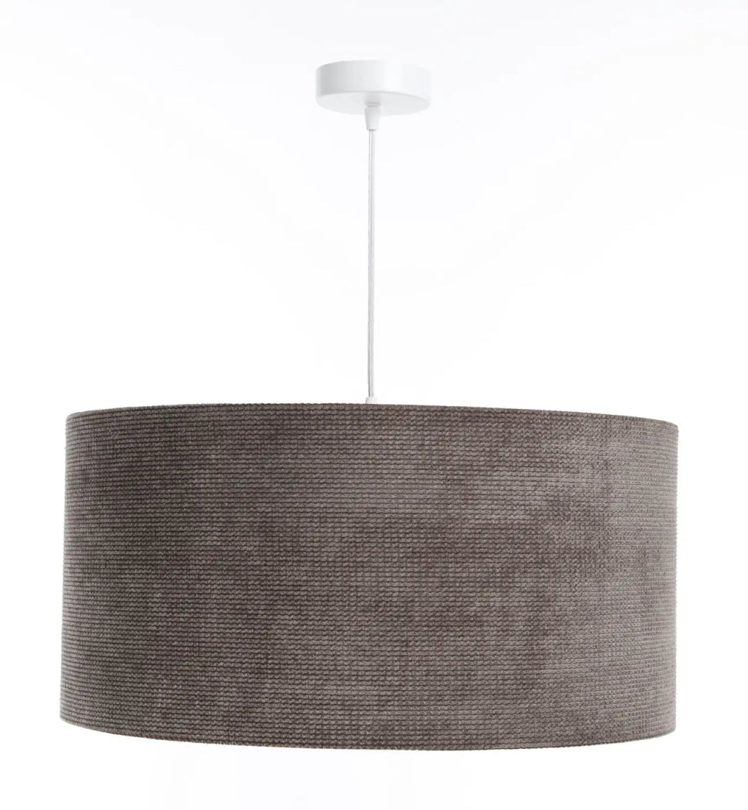 Suspension luminaire gris avec abat-jour en tissu marron texturé style moderne chic et fixation plafond blanc