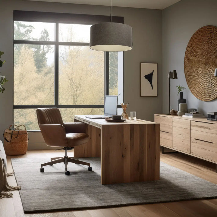 Fauteuil de bureau en cuir marron avec base étoile à cinq branches et roulettes pour suspension luminaire marron gris