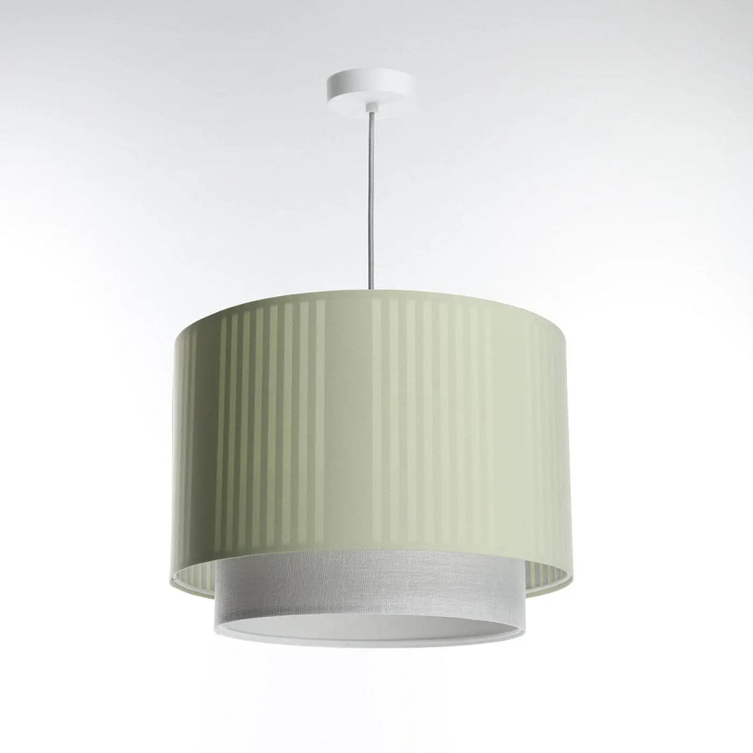 Suspension luminaire duo lami line avec abat-jour tissu menthe à côtes verticales et anneau mesh gris style moderne chic