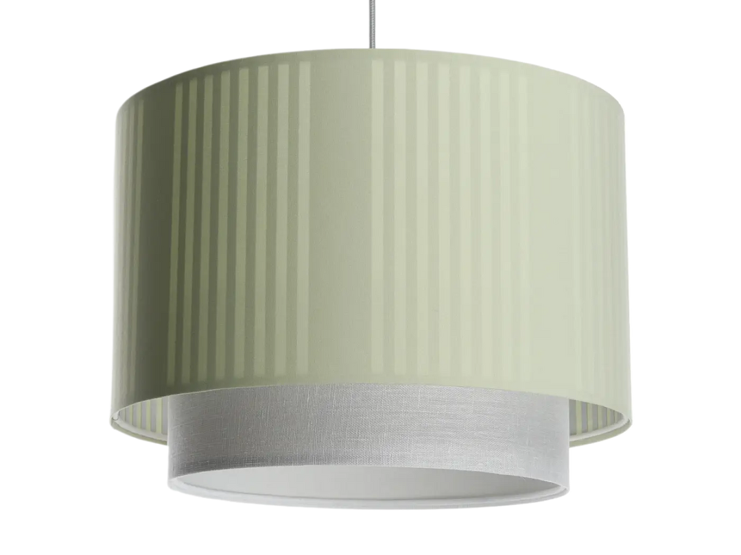 Suspension luminaire duo lami line avec abat-jour en tissu menthe côtelé vert pâle et anneau intérieur en maille blanche style moderne chic