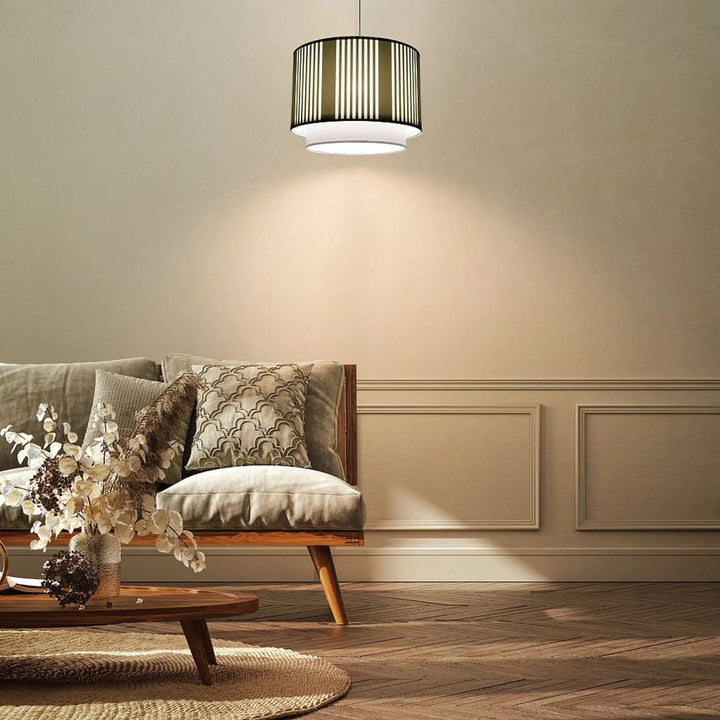 Suspension luminaire duo lami line en tissu menthe et gris avec lames noires verticales style moderne chic