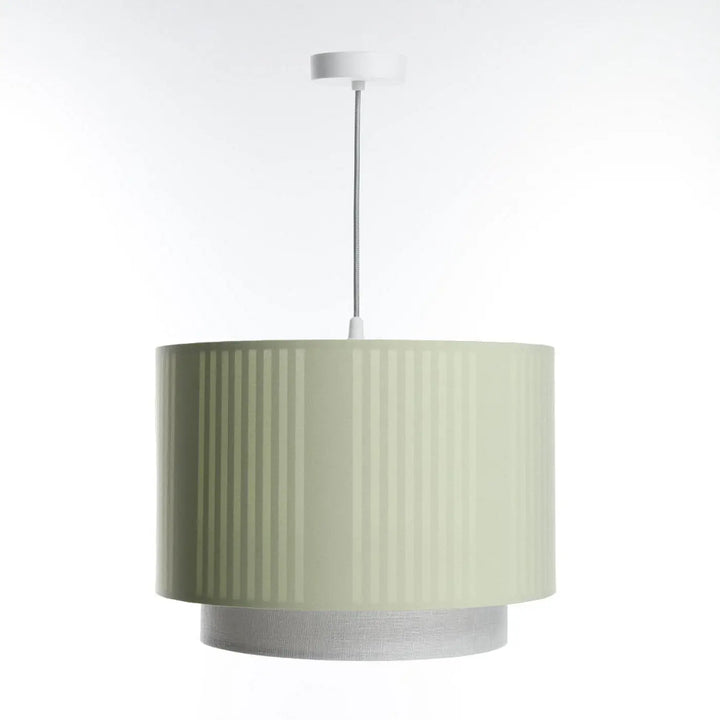 Suspension luminaire duo lami line style moderne chic avec abat-jour en tissu menthe vert pale à nervures verticales et base argentée texturée