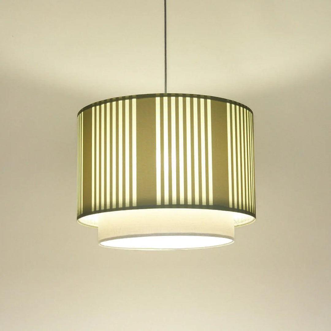 Suspension luminaire cylindrique à rayures verticales tissu menthe et gris avec intérieur lumineux style moderne chic