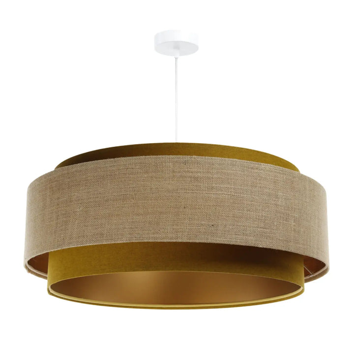 Suspension luminaire doblo classic avec anneau beige en burlap et doublure tissu moutarde style doré chic suspendue par corde blanche