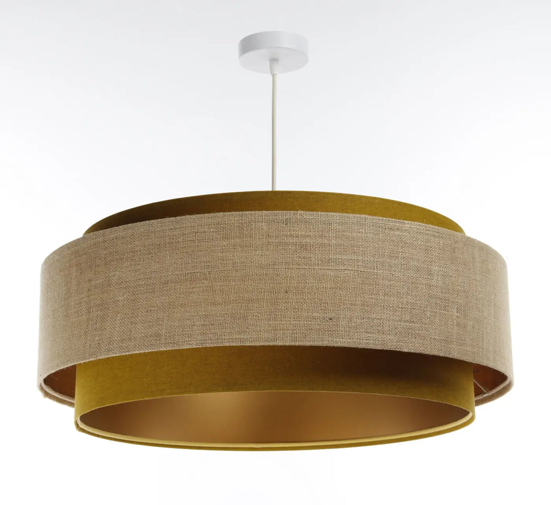Suspension luminaire doblo classic avec abat-jours concentriques en tissu moutarde et beige style doré chic