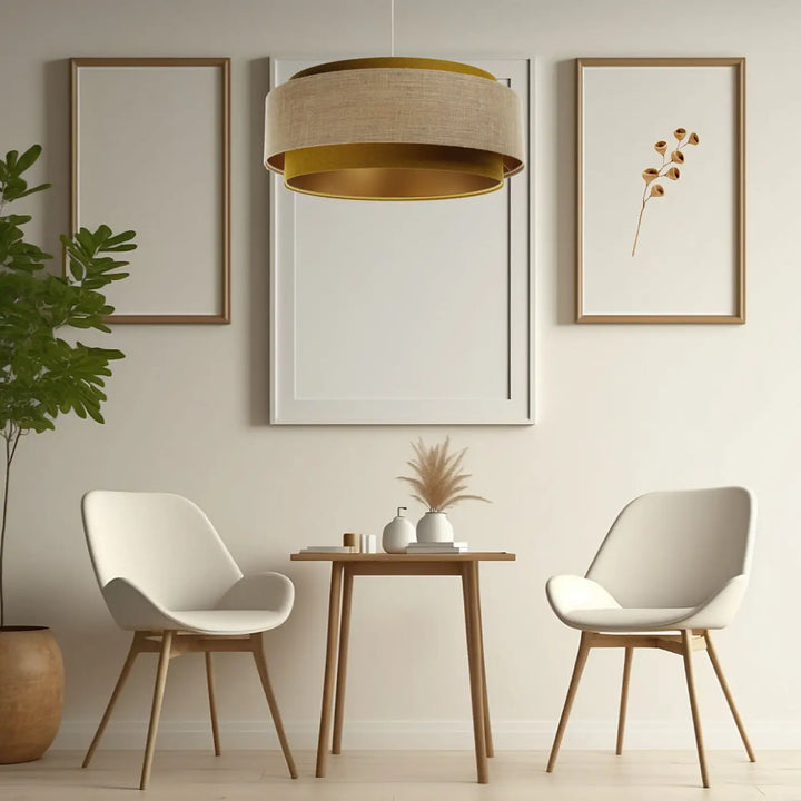 Suspension luminaire doblo classic avec abat-jour beige en tissu moutarde et anneau intérieur style doré chic