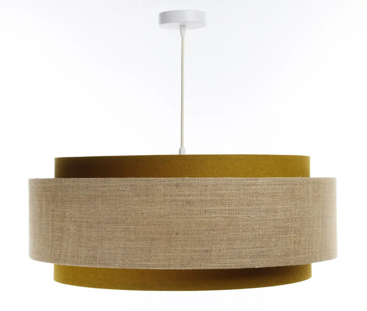 Suspension luminaire doblo classic deux niveaux tissu moutarde beige avec style doré chic et corde blanche