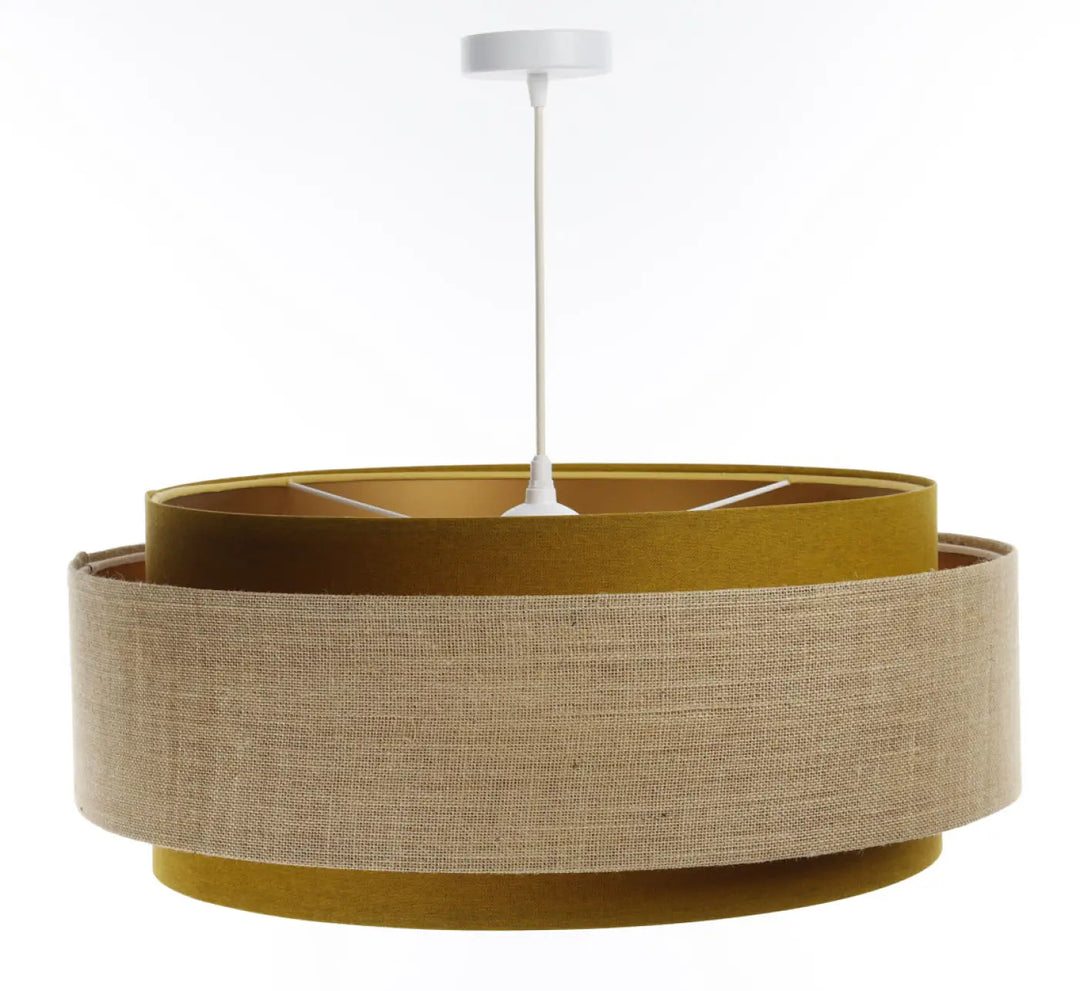 Suspension luminaire doblo classic en tissu moutarde et beige avec anneau texturé et style doré chic