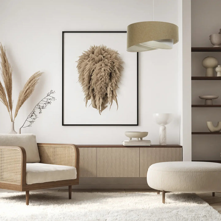 Suspension luminaire galaxy boho elegant avec cadre noir et art mural en plumes beige tissu moutarde lumière douce