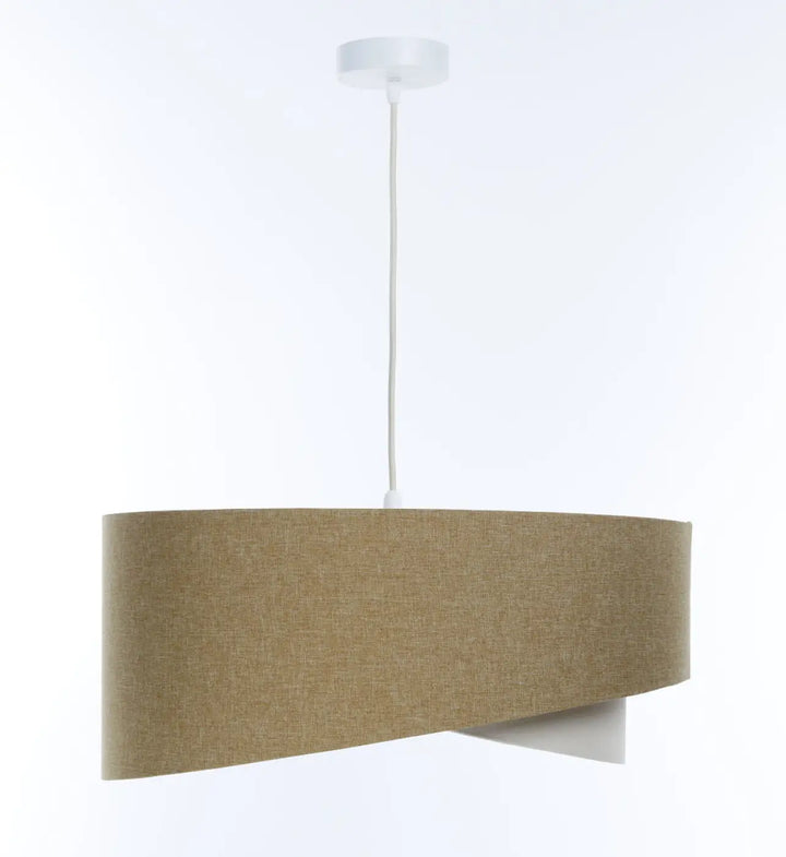Suspension luminaire galaxie boho élégant avec abat-jour en tissu moutarde beige et lumière douce en métal blanc