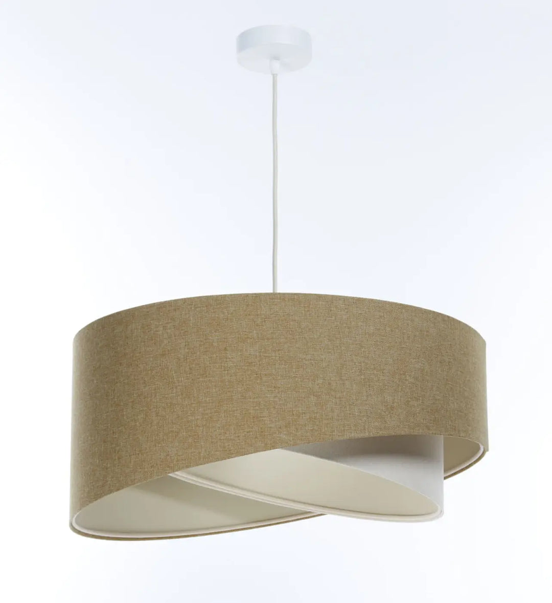 Suspension luminaire en tissu moutarde avec abat-jour beige tissé et lumière douce pour intérieur élégant