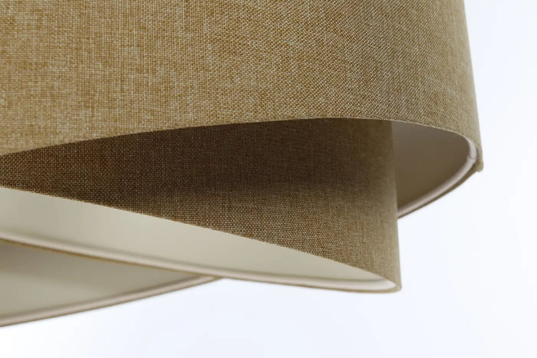 Suspension luminaire galaxy boho elegant tissu moutarde avec abat-jour beige en lin à motif tissé subtil et doublure crème