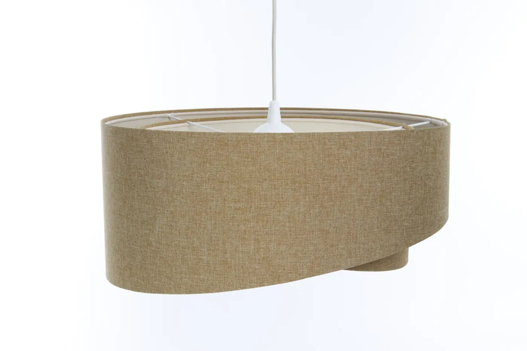 Suspension luminaire beige en tissu tissé avec tige centrale blanche design sculptural attire naturellement galaxi boho elegant