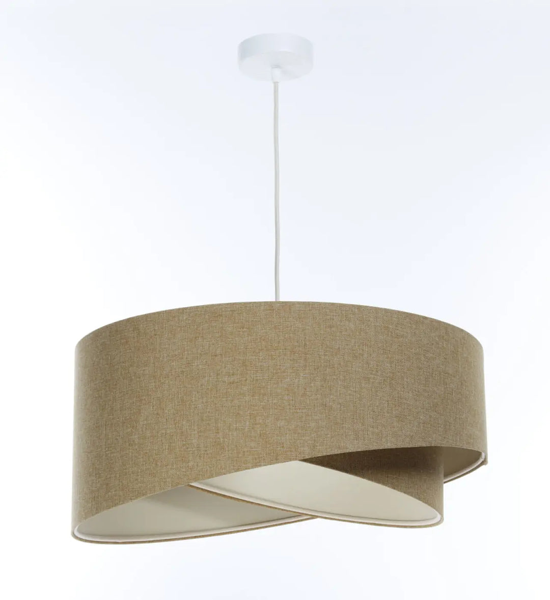 Suspension luminaire galaxy boho elegant en tissu moutarde et écru avec un design sculptural circulaire superposé