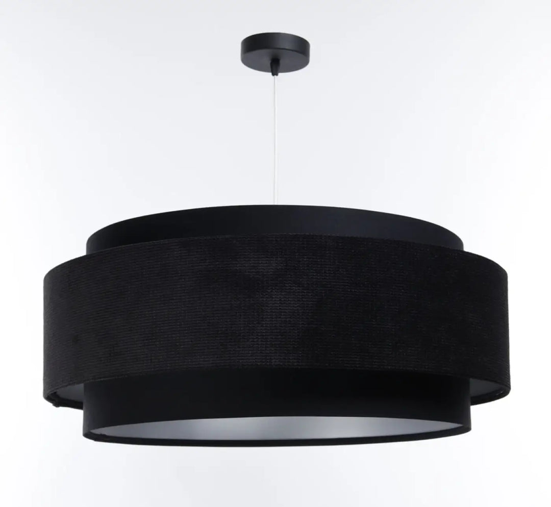 Suspension luminaire doblo classic avec abat-jour tissu noir à étages et argent aux finitions métalliques élégantes
