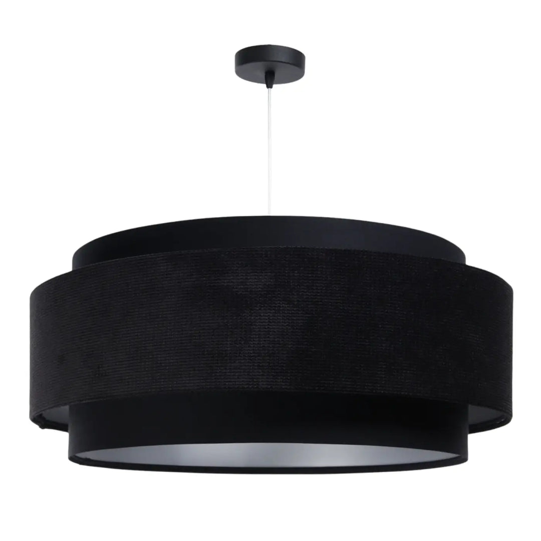 Suspension luminaire doblo classic noir avec tissu noir texturé et argent aux finitions en métal élégant au plafond