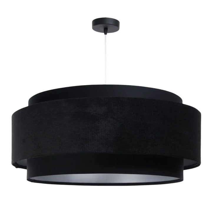 Suspension luminaire doblo classic noir avec tissu noir texturé et argent aux finitions en métal élégant au plafond