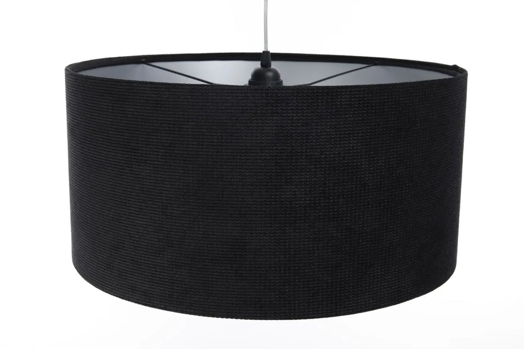 Suspension luminaire style moderne chic avec abat-jour cylindrique en tissu noir texturé glamour structural velour noir argent