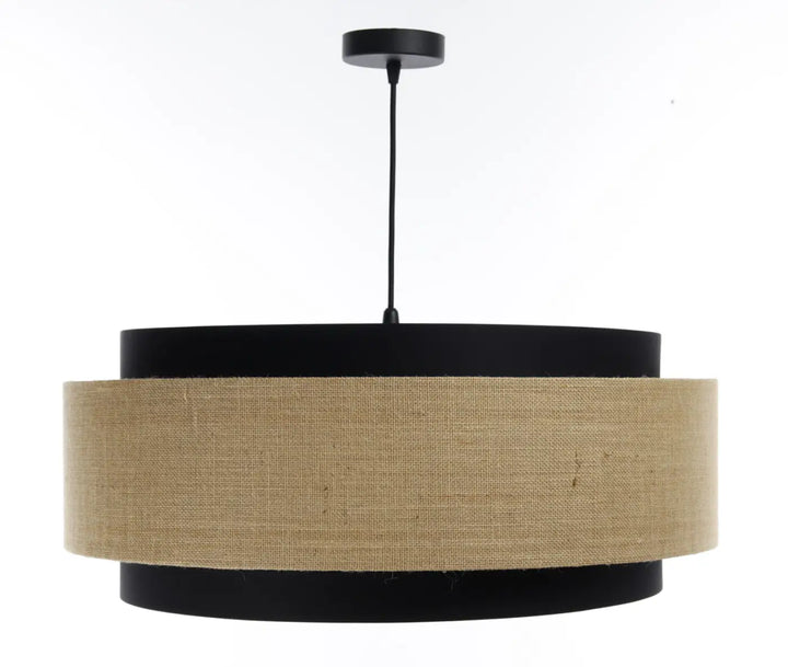 Suspension luminaire doblo classic noir beige avec abat-jour en tissu noir texturé en burlap participe à créer une ambiance élégante