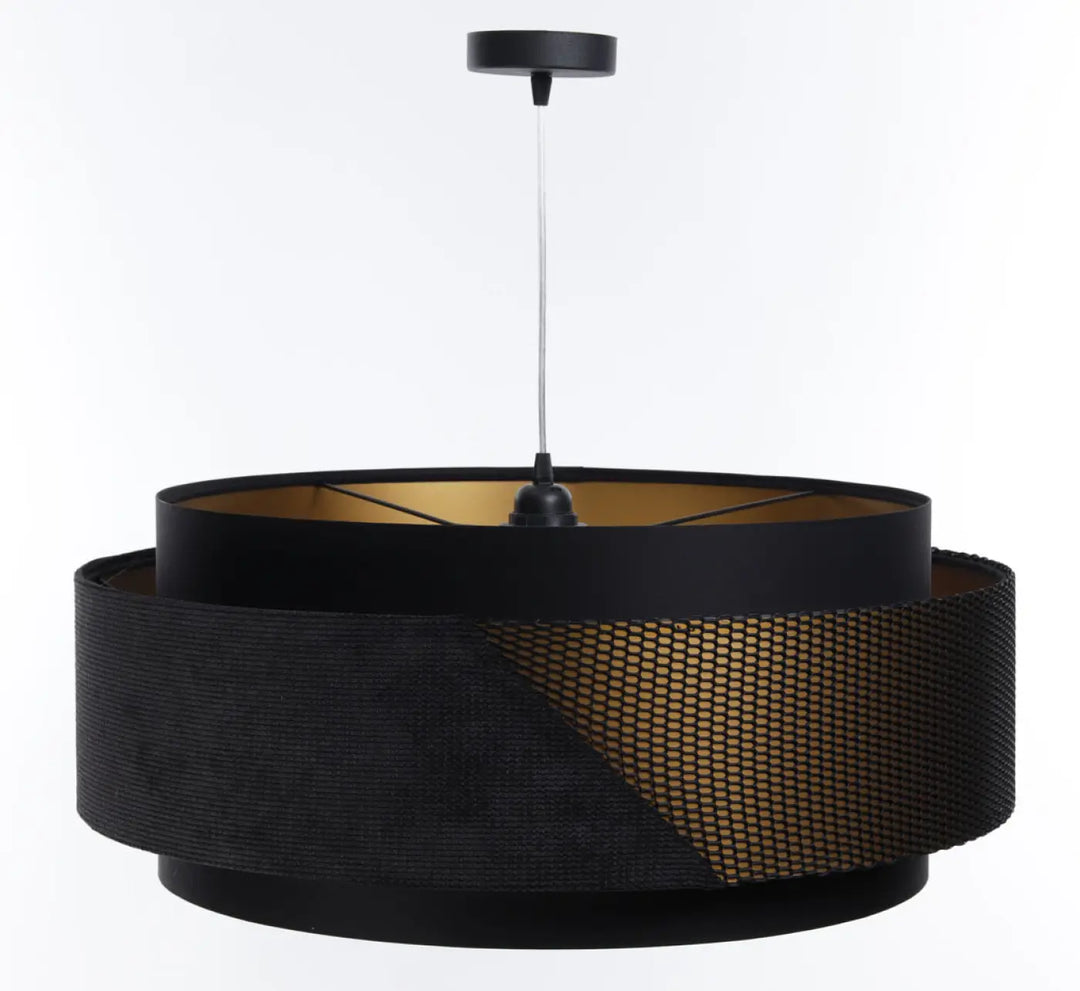 Suspension luminaire doblo classic avec abat-jour en tissu noir aux finitions géométriques noir et doré mesh