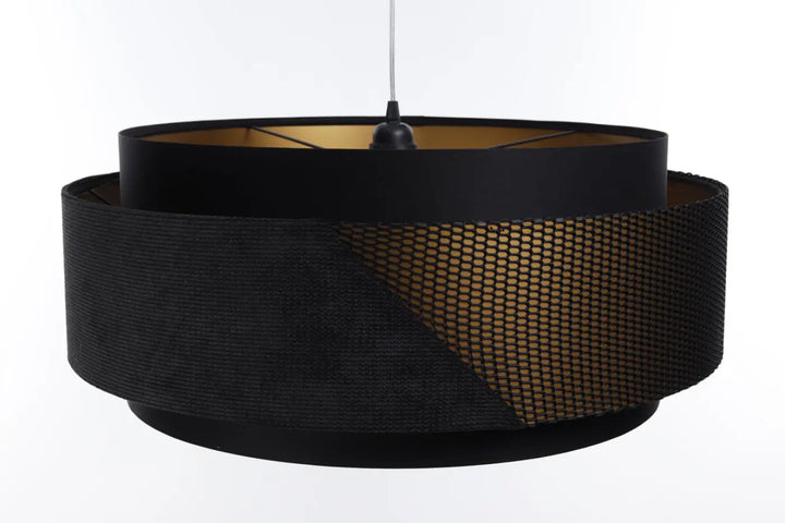 Suspension luminaire doblo classic noir avec tissu noir texturé et finitions en maille dorée élégante