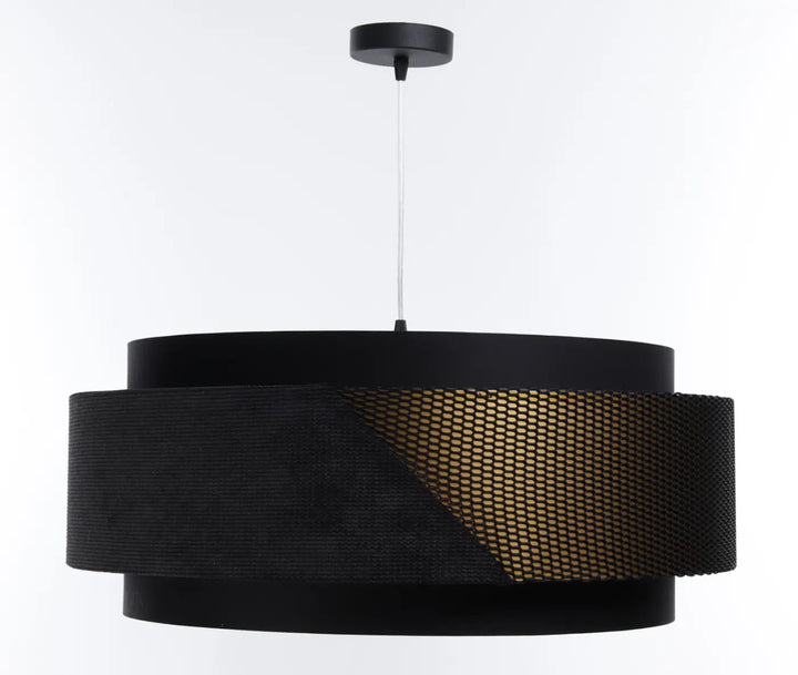 Suspension luminaire Doblo Classic noir avec design moderne en tissu noir texturé et aux finitions dorées