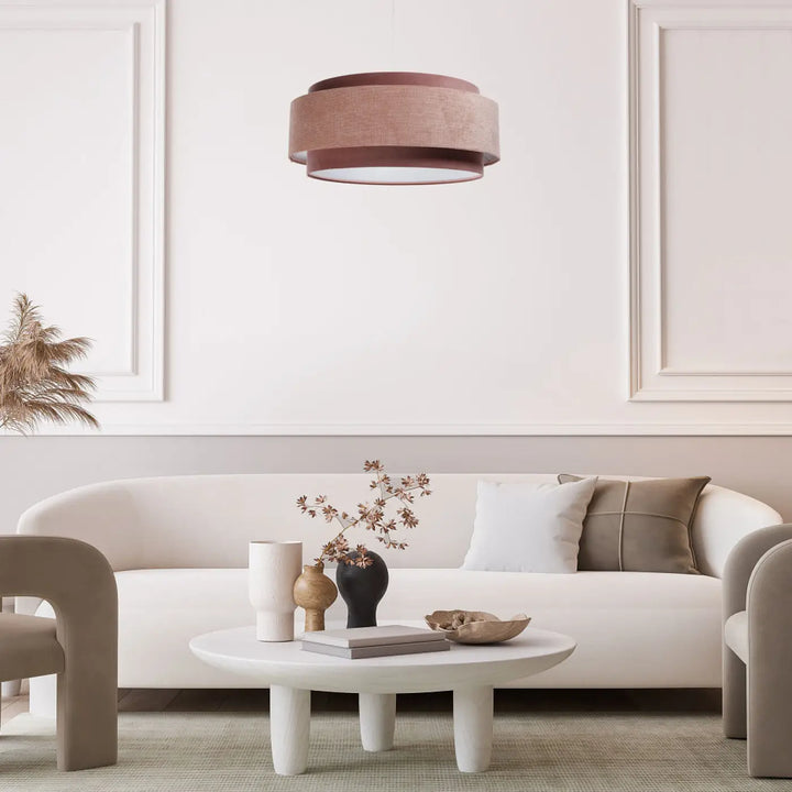 Suspension luminaire doblo classic en tissu rose avec blanc aux finitions et design circulaire concentrique moderne