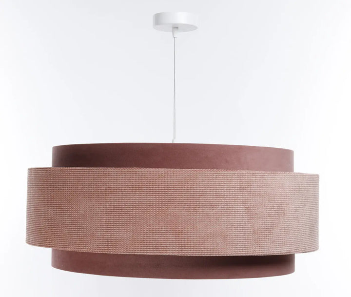 Suspension luminaire doblo classic en tissu rose et blanc aux finitions tissées beige et marron moderne et étagée