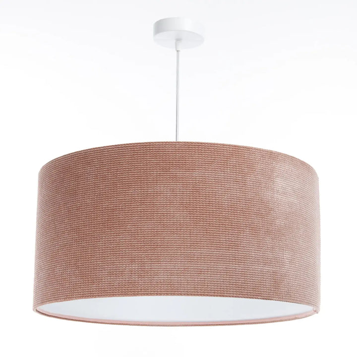 Suspension luminaire beige en papier tissé avec montage plafond blanc style moderne chic tissu rose glamour velour