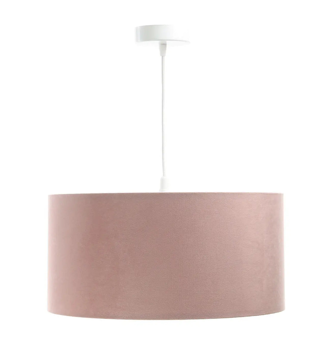 Suspension luminaire classic jasmin avec abat-jour cylindrique en tissu rose clair blush et fixation plafond blanc