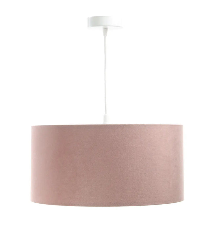 Suspension luminaire classic jasmin avec abat-jour cylindrique en tissu rose clair blush et fixation plafond blanc