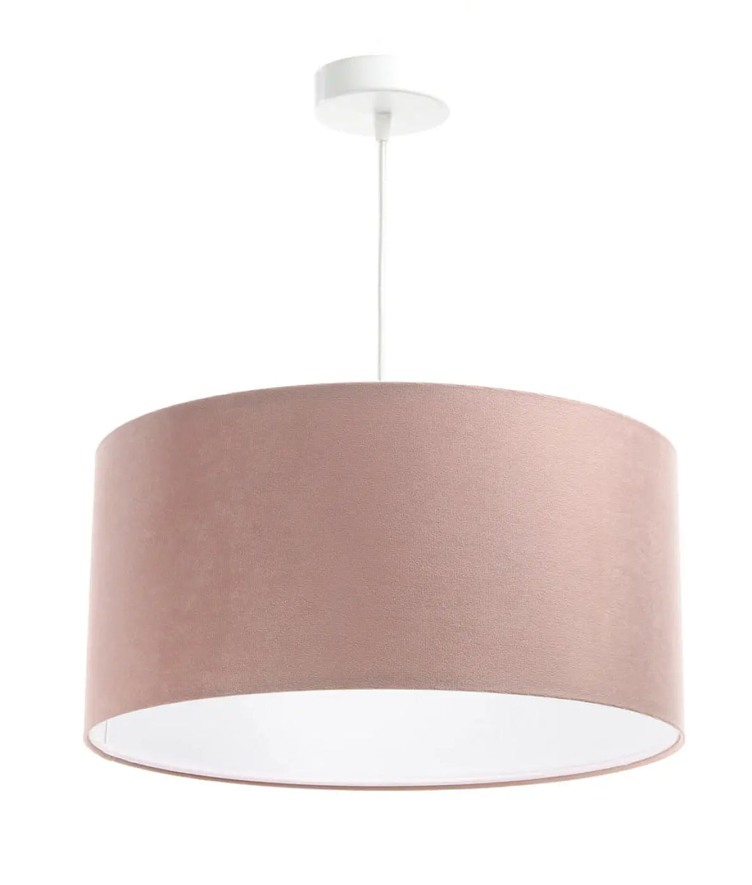 Suspension luminaire classique jasmin en rose clair avec intérieur blanc et finition tissu rose clair cylindrique