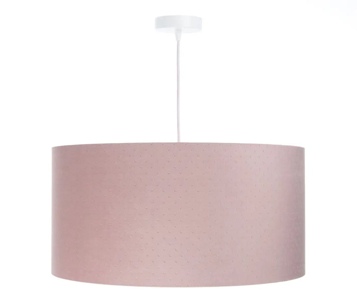 Suspension luminaire cylindrique en tissu rose doux avec surface texturée subtile et fixation plafond blanche