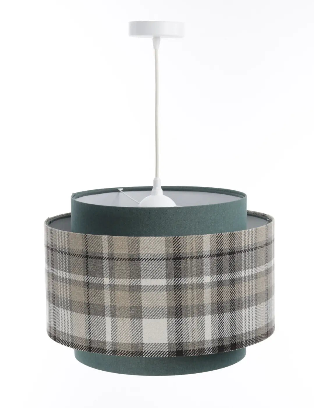 Suspension luminaire doblo à deux niveaux avec abat-jour en tissu turquoise et gris à motif écossais beige blanc
