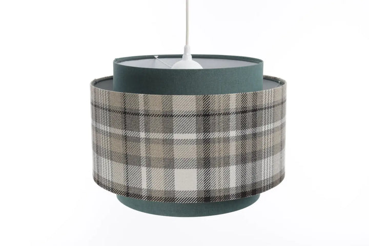 Suspension luminaire doblo avec abat-jour à carreaux beige gris noir et anneau intérieur en tissu turquoise gris design